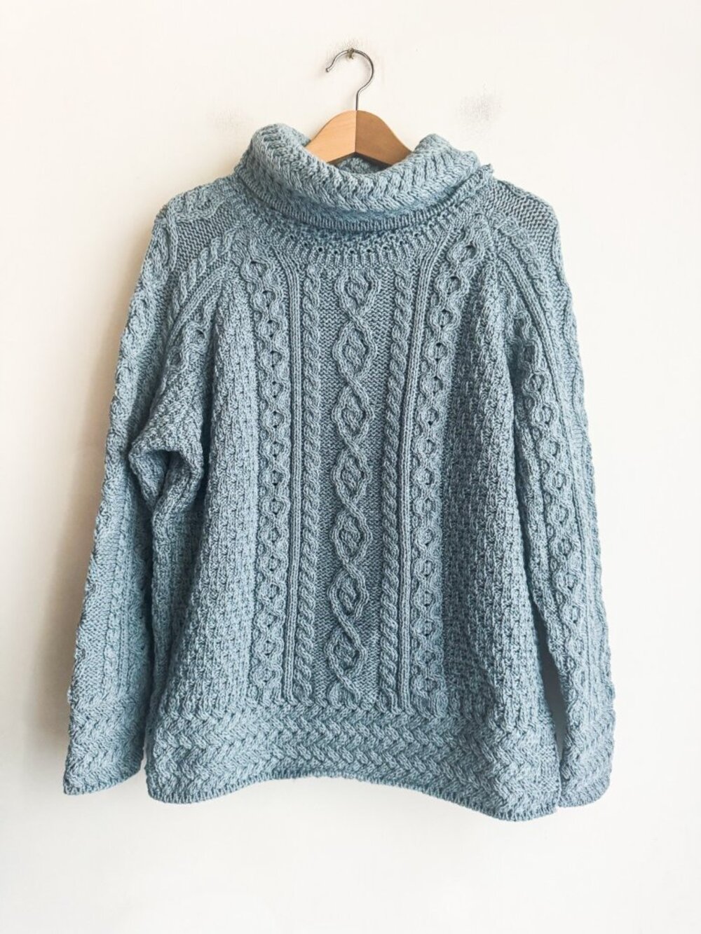 Aran Mor Blue Mock Neck Merino Wool Chunky Pullover L - Picture 3 of 4